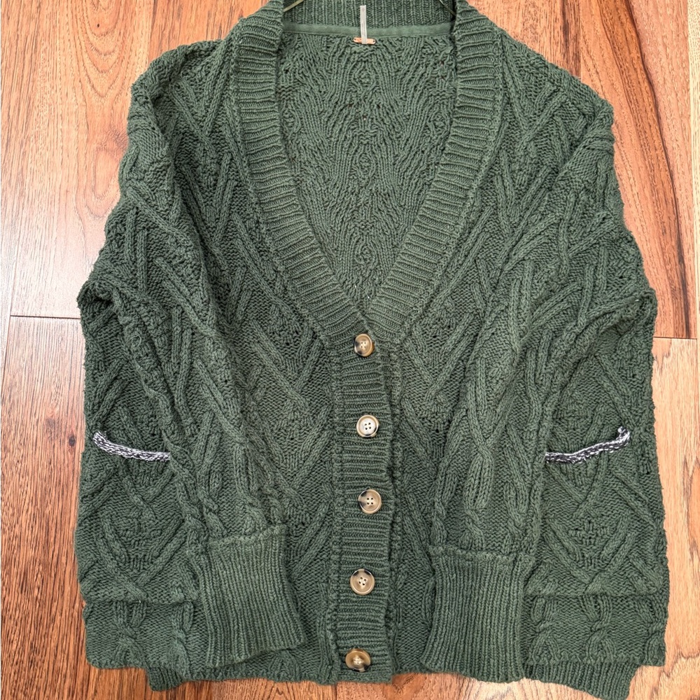 Free People Green Cable Knit Cardigan Sweater